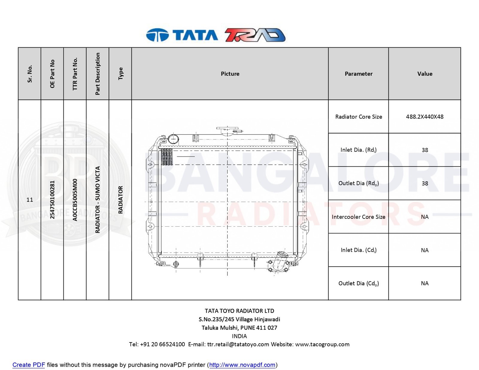 RADIATOR FOR VICTA NA/SUMO GOLD BS3/ VICTA LX/EX BS2/BS3 RADIATOR - SUMO VICTA 254750100281