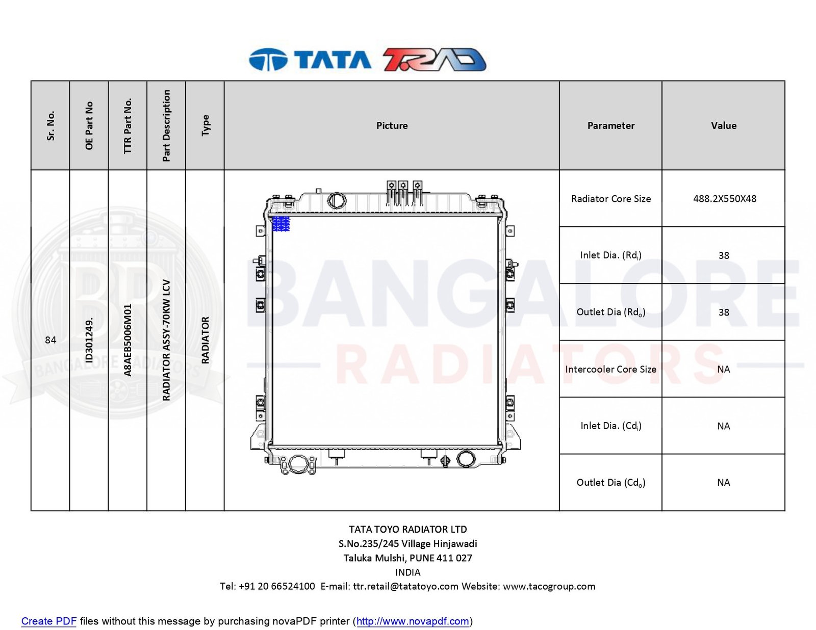 RADIATOR FOR Eicher(hydraulic brake) 10.50,10.75,10.80,10.90,11.1
n0, Eicher Air brake RADIATOR ASSY-70KW LCV(ID301249) ID301249 - Image 2